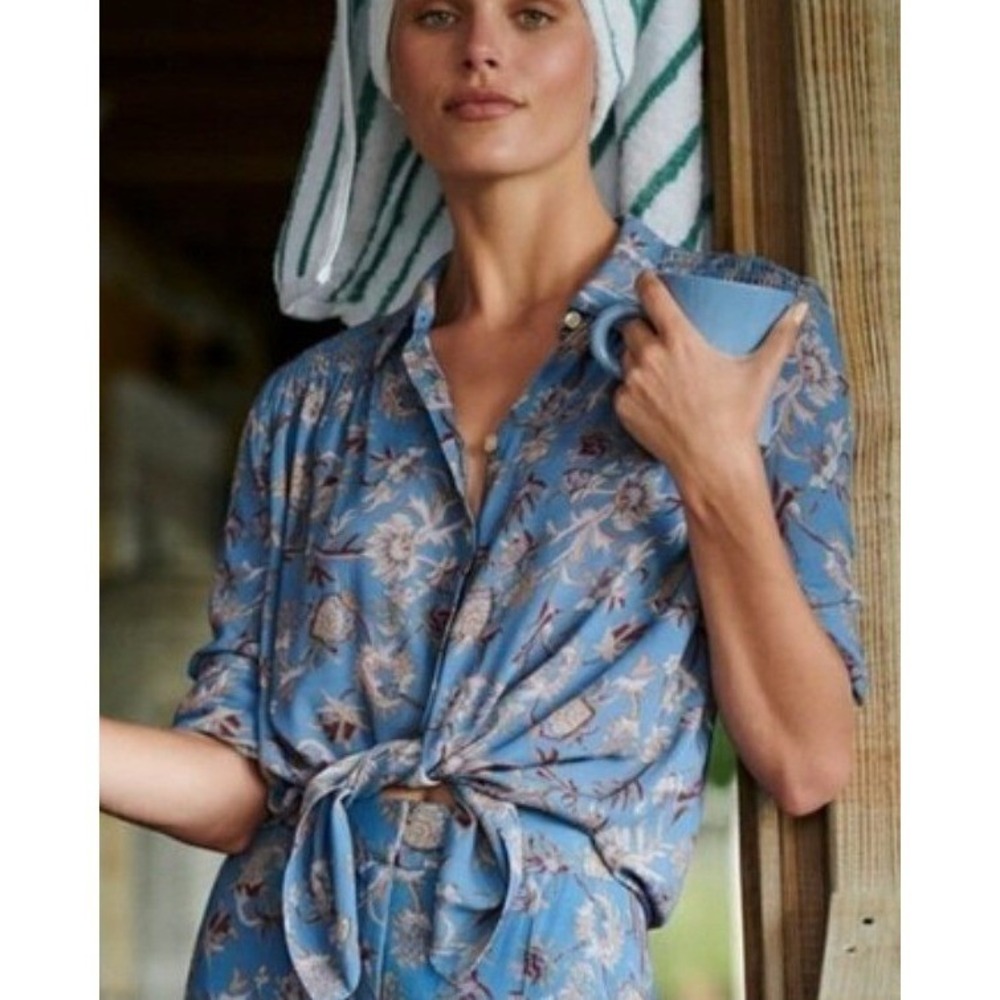 Veronica Beard Dazed Cornfield Blue Floral Print Shirt Multicolor Long Sleeved M